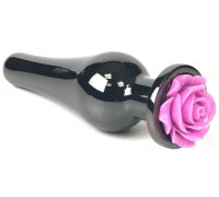 Черная удлиненная анальная пробка с фиолетовой розой - 12,5 см.