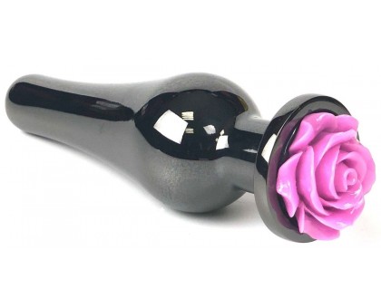 Черная удлиненная анальная пробка с фиолетовой розой - 12,5 см.