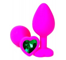 Розовая силиконовая пробка с зеленым кристаллом-сердцем - 8 см.