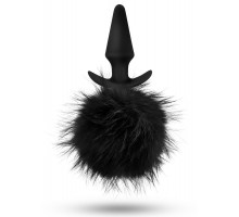 Силиконовая анальная пробка с чёрным заячьим хвостом Fur Pom Pom - 12,7 см.