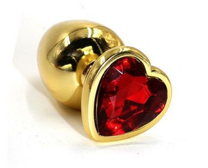 Золотистая алюминиевая анальная пробка с красным кристаллом-сердцем - 8,4 см.