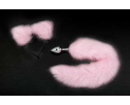 Серебристая анальная пробка с розовым хвостиком и ободком-ушками
