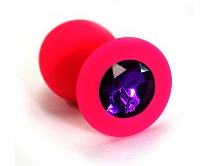 Розовая силиконовая анальная пробка с темно-фиолетовым кристаллом - 7 см.