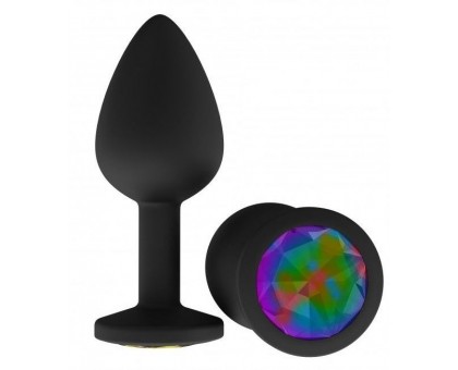 Чёрная анальная втулка с разноцветным кристаллом - 7,3 см. 