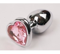 Серебристая анальная пробка с розовым стразиком-сердечком - 8 см.