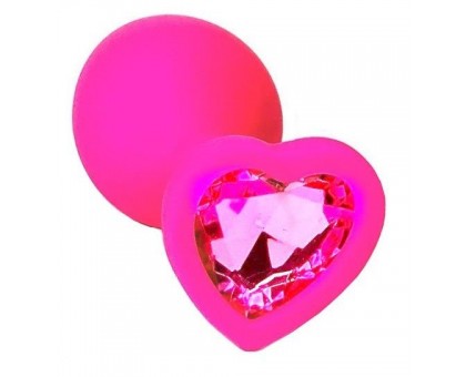 Розовая анальная пробка из силикона с розовым кристаллом в форме сердца - 8,8 см.