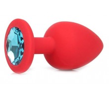 Красная силиконовая анальная пробка с голубым стразом - 6,8 см.