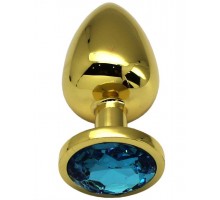 Золотистая анальная пробка с голубым кристаллом - 9 см.