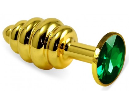 Золотистая ребристая анальная пробка с зеленым кристаллом - 8 см. 