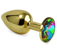 Золотистая анальная пробка с разноцветным кристаллом - 8 см.