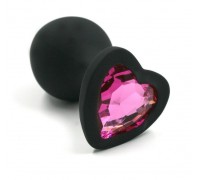 Черная анальная пробка из силикона с розовым кристаллом в форме сердца - 8,8 см.