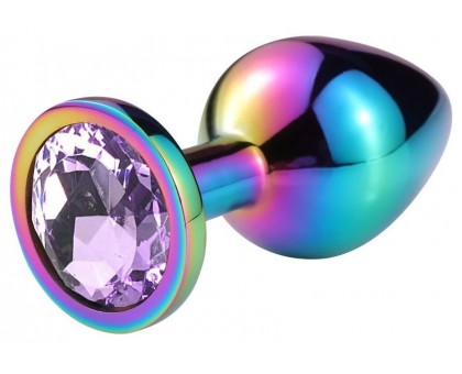 Разноцветная анальная пробка с сиреневым кристаллом - 9,5 см.