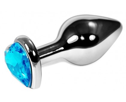Серебристая анальная пробка с голубым кристаллом-сердечком - 9 см.