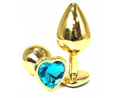 Золотистая анальная пробка с голубым кристаллом-сердцем - 7 см.