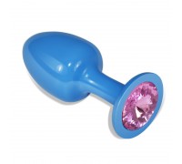 Голубая анальная втулка с розовым кристаллом - 8,2 см.