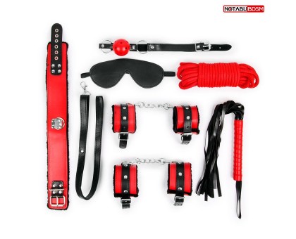 Оригинальный красно-черный набор БДСМ: маска, кляп, верёвка, плётка, ошейник, наручники, оковы