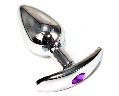 Серебристая анальная пробка для ношения с фиолетовым кристаллом - 6 см.