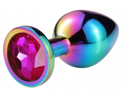 Разноцветная гладкая анальная пробка с розовым кристаллом - 7,5 см.