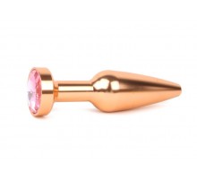 Удлиненная коническая гладкая золотистая анальная втулка с розовым кристаллом - 11,3 см.