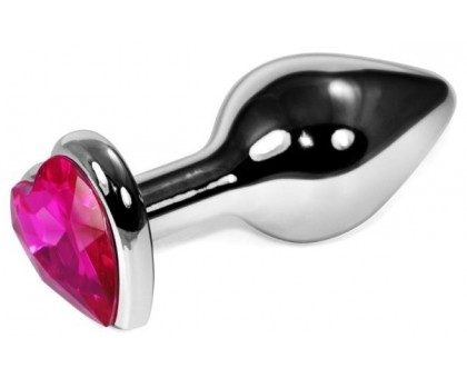 Серебристая анальная пробка с розовым кристаллом-сердечком - 8 см.