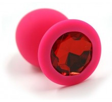 Розовая силиконовая анальная пробка с красным кристаллом - 8,3 см.