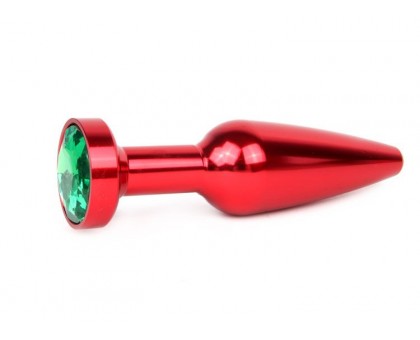 Удлиненная коническая гладкая красная анальная втулка с зеленым кристаллом - 11,3 см.