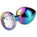 Разноцветная гладкая анальная пробка с прозрачным кристаллом - 7,5 см.