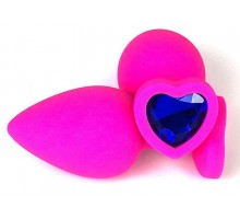 Розовая силиконовая пробка с синим кристаллом-сердцем - 8 см.