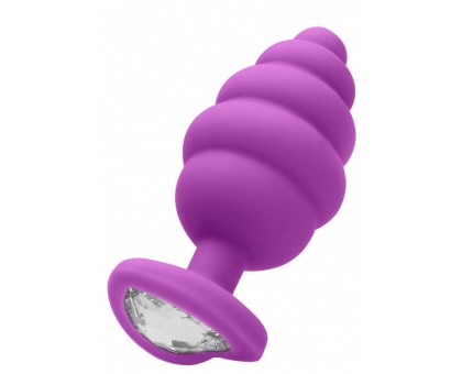Фиолетовая анальная пробка Regular Ribbed Diamond Heart Plug - 7 см.