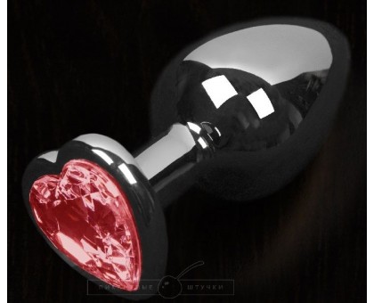 Серая анальная пробка с красным кристаллом в виде сердечка - 8,5 см.