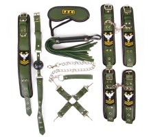 Набор в армейской тематике: наручники, оковы, ошейник с поводком, кляп, маска, плеть, фиксатор