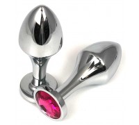 Серебристая анальная пробка на удлиненной ножке с розовым кристаллом - 9 см.