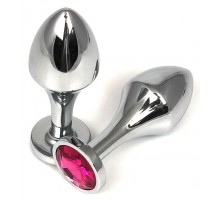 Серебристая анальная пробка на удлиненной ножке с розовым кристаллом - 9 см.