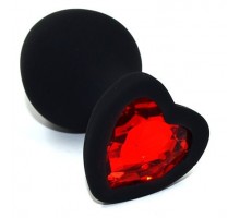 Черная анальная силиконовая пробка с красным кристаллом в форме сердца - 8,8 см. 