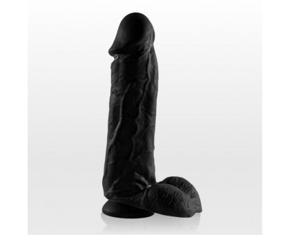 Чёрный фаллоимитатор с удлинённой мошонкой и присоской - 17 см.