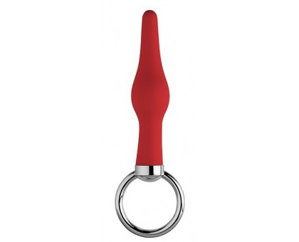 Красная коническая анальная пробка с кольцом - 9 см.