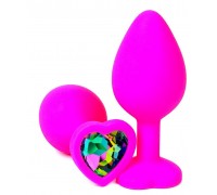 Розовая силиконовая пробка с разноцветным кристаллом-сердечком - 7 см.