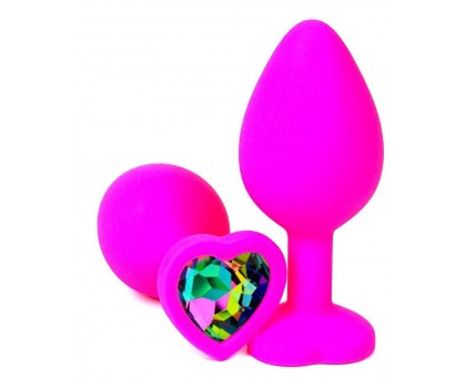 Розовая силиконовая пробка с разноцветным кристаллом-сердечком - 7 см.
