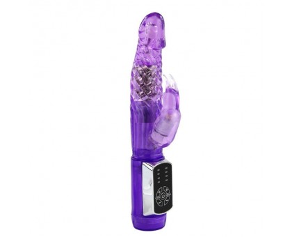 Фиолетовый вибратор с клиторальным стимулятором и ротацией - 21,5 см.