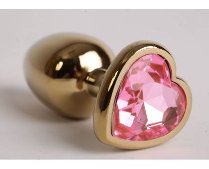 Золотистая анальная пробка с розовым стразиком-сердечком - 8 см.