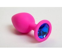 Розовая силиконовая анальная пробка с синим стразом - 8,2 см.