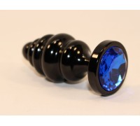 Черная фигурная анальная пробка с синим кристаллом - 8,2 см.