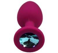 Малиновая анальная пробка с голубым кристаллом - 7,4 см.