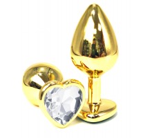 Золотистая анальная пробка с прозрачным кристаллом-сердцем - 6 см.