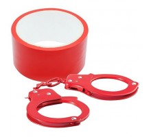 Набор для фиксации BONDX METAL CUFFS AND RIBBON: красные наручники из листового материала и липкая лента