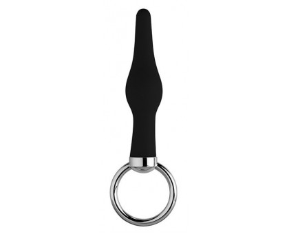 Черная коническая анальная пробка с кольцом - 9 см.