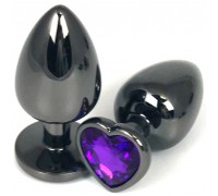 Черная металлическая анальная пробка с фиолетовым стразом-сердечком - 6,5 см.