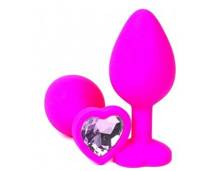 Розовая силиконовая пробка с сиреневым кристаллом-сердечком - 8 см.