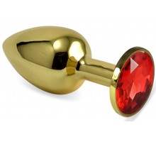 Золотистая анальная пробка с красным кристаллом - 8 см.