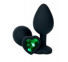 Черная силиконовая пробка с зеленым кристаллом-сердцем - 10,5 см.